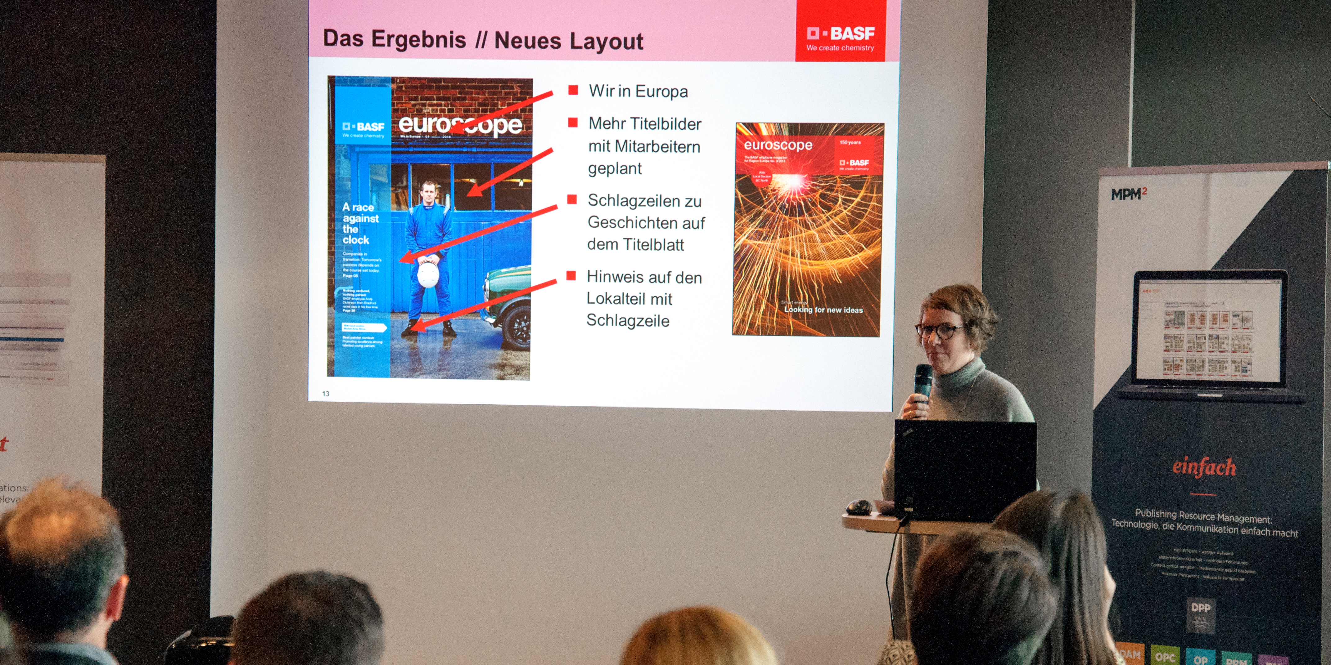 Katja Krauser von BASF stellt länderübergreifendes Mitarbeitermagazin „euroscope“ für die Region Europa vor.
